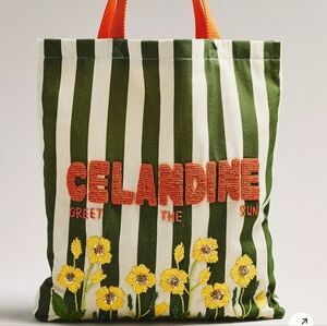 Anthropologie Graphic Beaded Canvas Tote Bag - Green - NWT